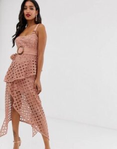 ASOS DESIGN midi dress with square neckline and belt in basket weave lace-Pink