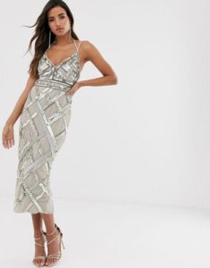 ASOS DESIGN midi pencil dress with cut out and lattic embellishment-Multi