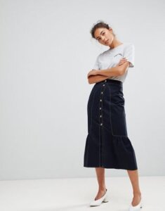 ASOS DESIGN midi skirt with buttons and contrast stitching-Navy