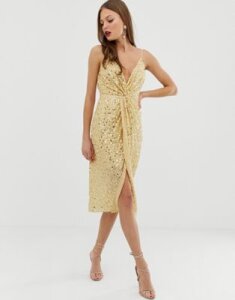 ASOS DESIGN midi strappy cami dress with knot front plunge in scatter sequin-Gold