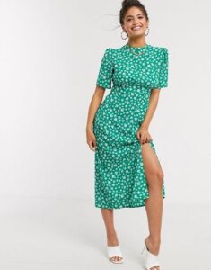 ASOS DESIGN midi tea dress with buttons and split detail in green floral print-Multi