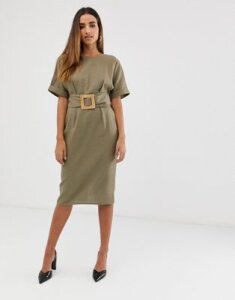 ASOS DESIGN midi wiggle dress in linen with buckle belt-Green