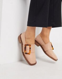 ASOS DESIGN Millicent premium leather square toe buckle loafer in beige