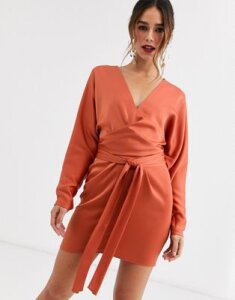 ASOS DESIGN mini dress with batwing sleeve and wrap waist in satin-Brown