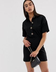 ASOS DESIGN mini dress with collar and leopard print buttons-Black