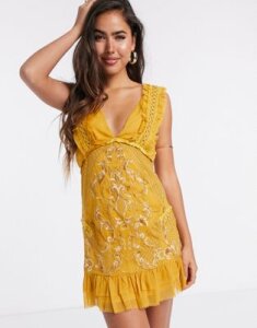 ASOS DESIGN mini dress with eyelet trim and embroidery-Yellow