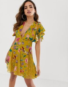 ASOS DESIGN mini dress with godet lace inserts in yellow floral print-Multi