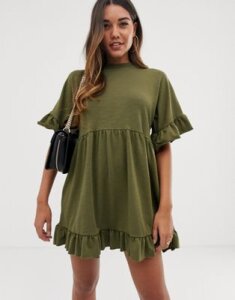 ASOS DESIGN mini frill sleeve smock dress in sweat-Green