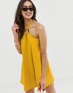 ASOS DESIGN mini halter swing dress with faux tortoiseshell ring detail-Yellow