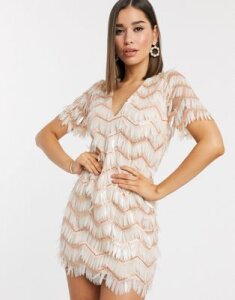 ASOS DESIGN mini shift dress in feather fringe embellishment in pink and white