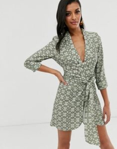 ASOS DESIGN mini tux dress with ruched sleeve in monogram print-Multi