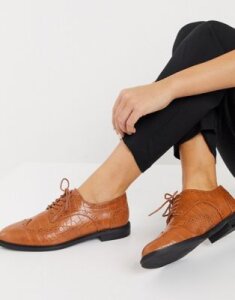 ASOS DESIGN More flat lace up shoes in tan croc