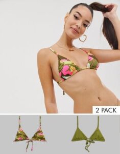 ASOS DESIGN multi pack triangle bikini top in khaki and pink camo print