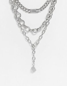 ASOS DESIGN multirow necklace in heavy chains with crystal and hardware clasps in silver tone
