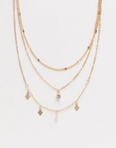 ASOS DESIGN multirow necklace with crystal and diamond shape pendants in gold tone