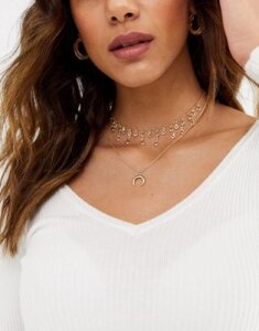 ASOS DESIGN multirow necklace with crystal drop choker and crescent moon in gold tone
