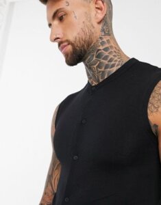 ASOS DESIGN muscle fit jersey sleeveless shirt with grandad collar in black