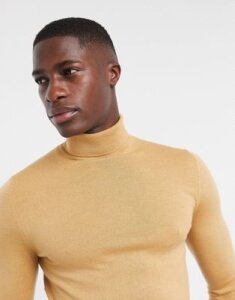ASOS DESIGN muscle fit merino wool rollneck sweater in camel marl-Brown