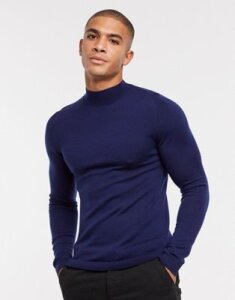 ASOS DESIGN muscle fit merino wool turtleneck sweater in navy
