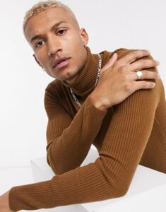 ASOS DESIGN muscle-fit ribbed rollneck sweater in tobacco-Brown