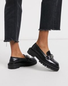 ASOS DESIGN Mystery premium leather chunky flat shoes with chain in black