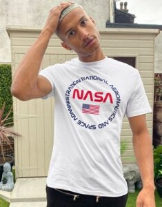 ASOS DESIGN Nasa t-shirt with front text & flag print in white