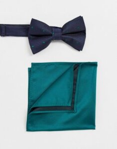 ASOS DESIGN navy polka dot bow tie & green pocket square