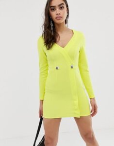 ASOS DESIGN neon ribbed tux dress with contrast buttons-Yellow