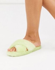 ASOS DESIGN Neve cross strap slider slippers in lime-Green