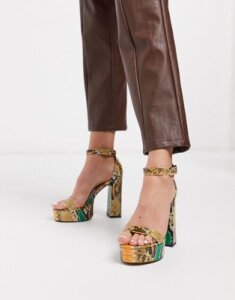ASOS DESIGN Noon platform block heeled sandals in snake-Multi