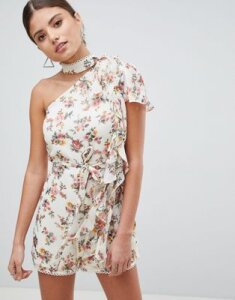 ASOS DESIGN occasion romper with one shoulder and tie neck in floral chiffon-Beige