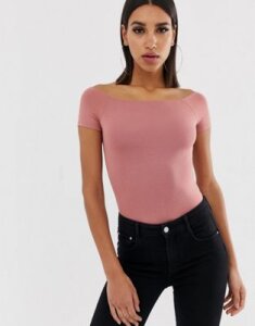 ASOS DESIGN off shoulder bodysuit with short sleeve in pink