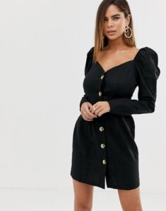 ASOS DESIGN off shoulder button through mini dress with long sleeves-Black