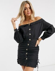 ASOS DESIGN off shoulder cotton button through mini shirt dress-Black