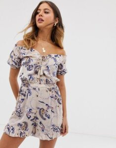ASOS DESIGN off shoulder lace up romper with frill hem and shirring in paisley print-Multi