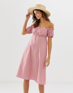 ASOS DESIGN off shoulder midi sundress with ruched bust-Pink