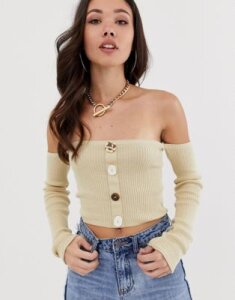 ASOS DESIGN off shoulder sweater with mixed button detail-Stone