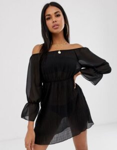 ASOS DESIGN off shoulder tiered pleated beach cover up in black