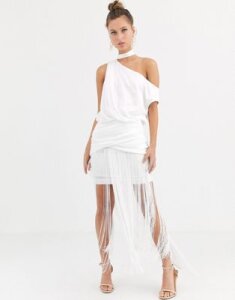 ASOS DESIGN one shoulder fringe maxi dress with satin top-White