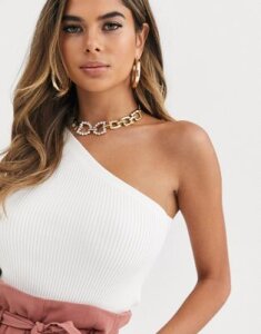 ASOS DESIGN one shoulder rib sweater with button cuff-White