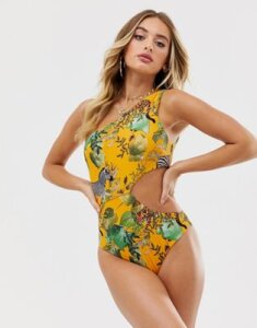 ASOS DESIGN one shoulder ruched swimsuit exotic tropical print-Multi