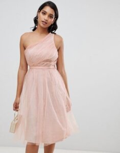 ASOS DESIGN one shoulder tulle midi dress with glitter lining-Pink