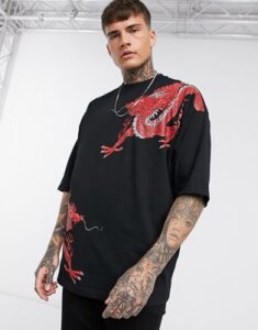 ASOS DESIGN organic cotton oversized longline t-shirt with dragon prints-Black