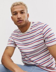 ASOS DESIGN organic cotton relaxed stripe t-shirt in Ecru-Gray