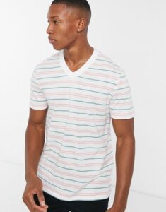 ASOS DESIGN organic cotton stripe t-shirt with v neck-White