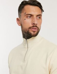 ASOS DESIGN organic half zip short sleeve sweatshirt in beige