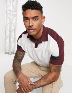 ASOS DESIGN organic revere polo shirt with contrast shoulder and sleeve in white
