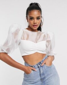 ASOS DESIGN organza crop top with ruched scuba bandeau in white