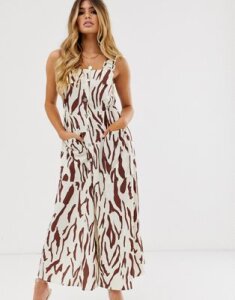ASOS DESIGN overall maxi dress with buckles in zebra print-Multi