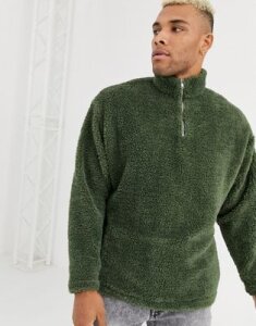 ASOS DESIGN oversized half zip track neck sweatshirt in greenteddy borg